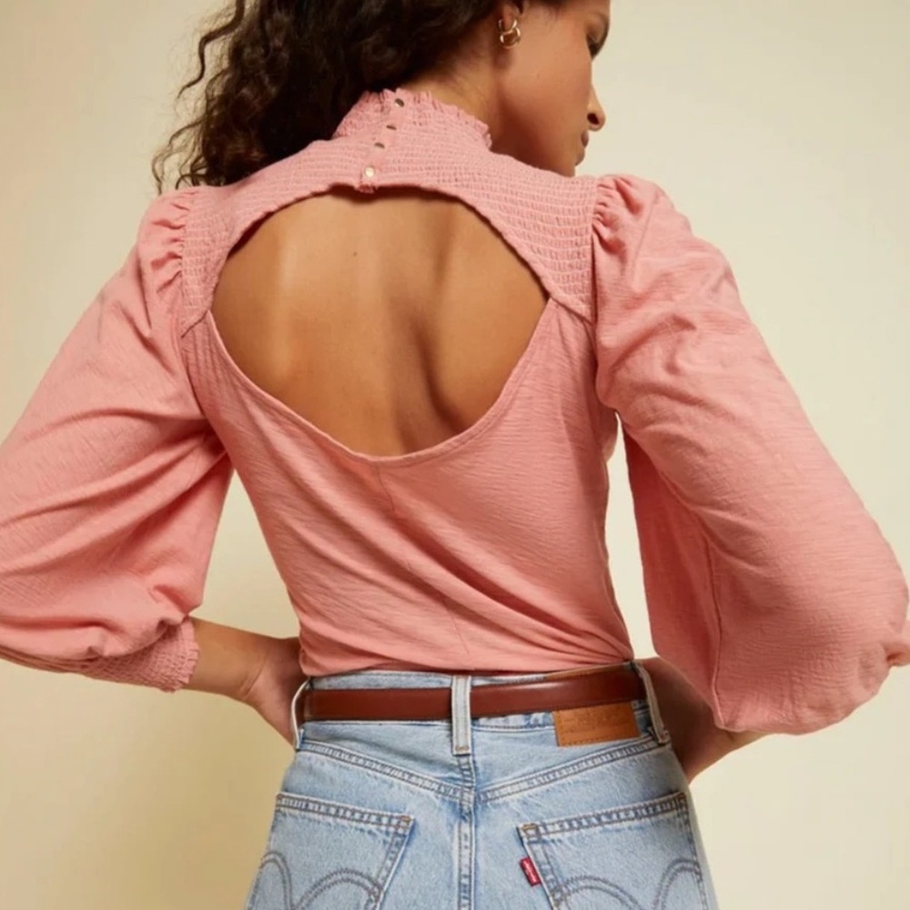 Nation LTD Sabrina long puff sleeve pink smocked boho blouse top - Picture 6 of 11